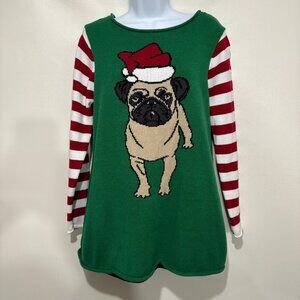 Ugly Christmas Santa Pug Green Sweater L Pullover Red White Candy Cane Sleeves